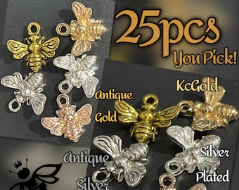 25 pc Lot of Small Bee Charms Pendants DIY Rose Gold Silver Antique You Pick