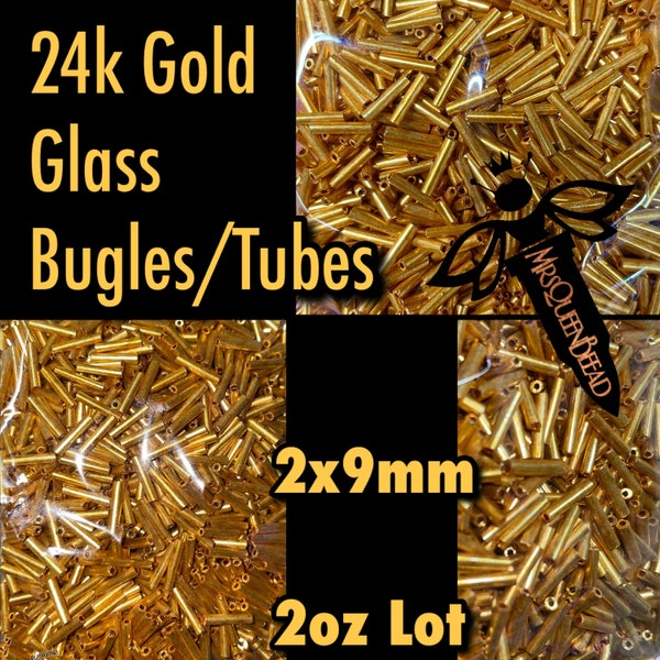 2oz Loose Glass Bugle Beads Lot 24k gold 2x9mm Tube Bead Gorgeous!