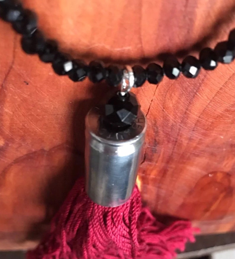 Jewelry set long necklace bracelet black bead glas Rondelles bullet tassel maroon