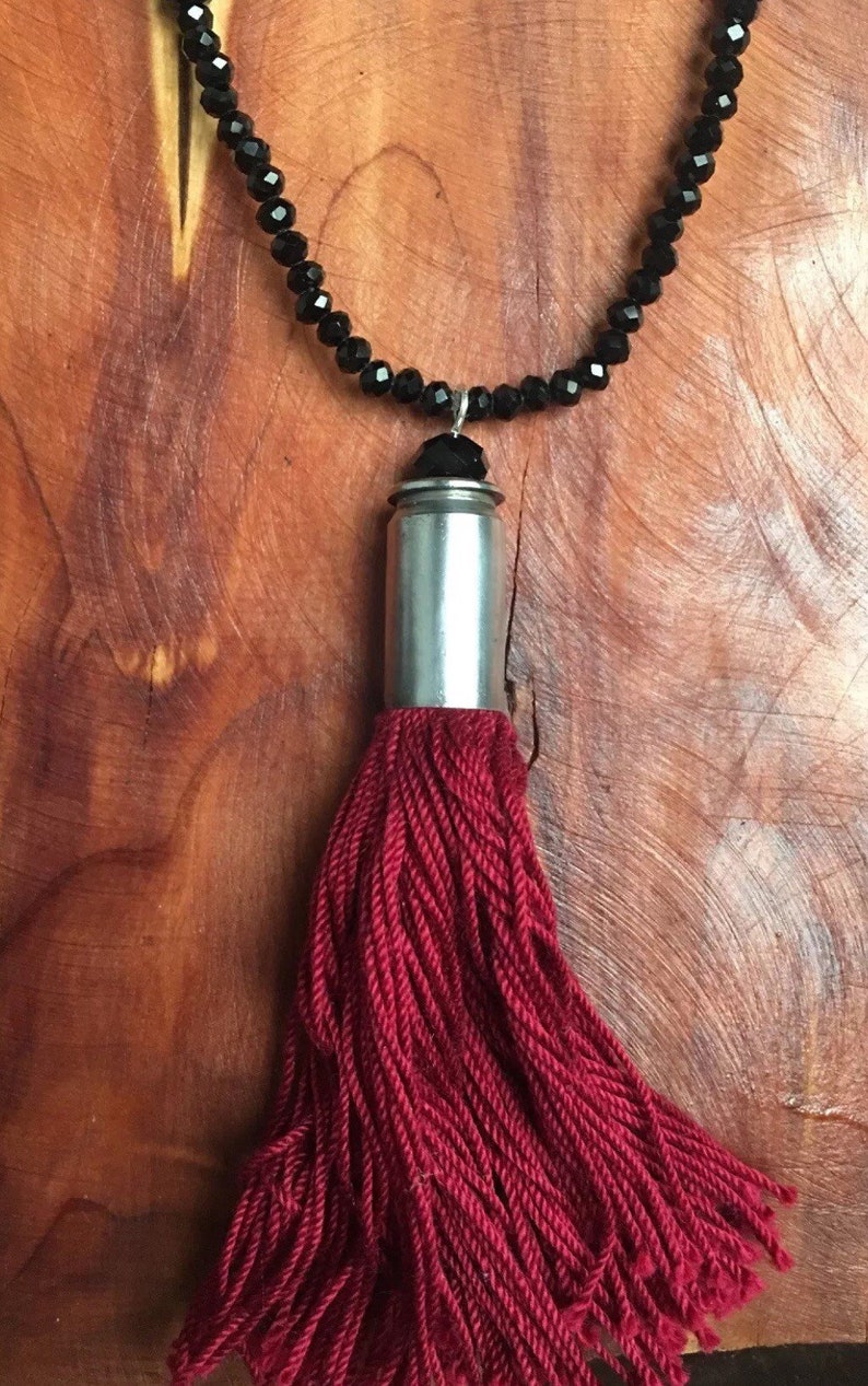 Jewelry set long necklace bracelet black bead glas Rondelles bullet tassel maroon