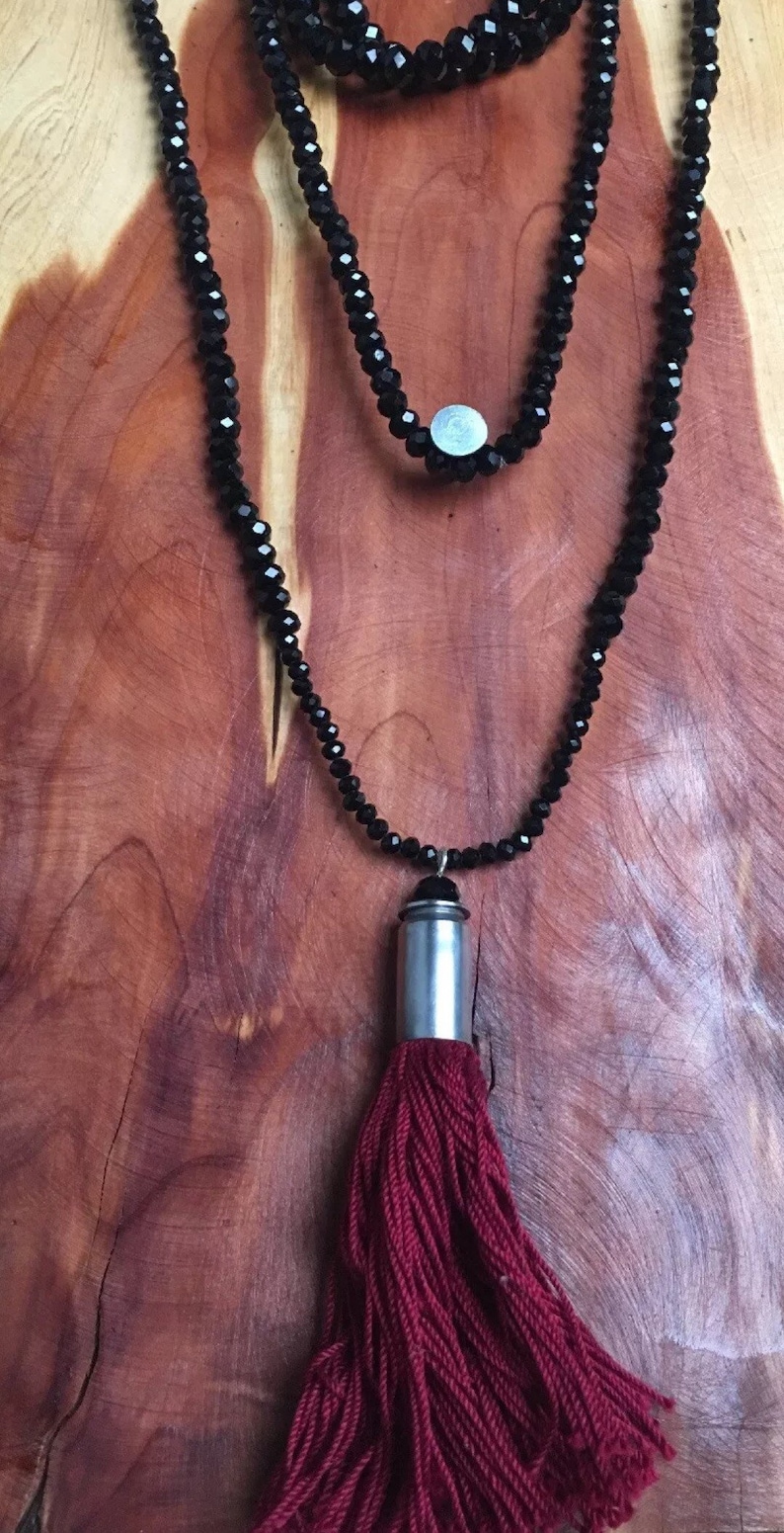 Jewelry set long necklace bracelet black bead glas Rondelles bullet tassel maroon