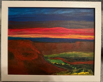 Atardecer en Arizona – Arte mural del suroeste / Arte paisajístico de Arizona / Decoración del hogar en el desierto / Pintura acrílica original de 28 x 35 cm (enmarcada)