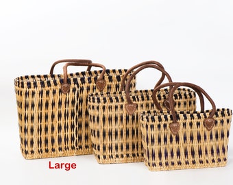 Large Natural Straw Reed Basket Bag with Leather Handles