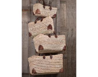 Wicker basket or Market bag with leather handles