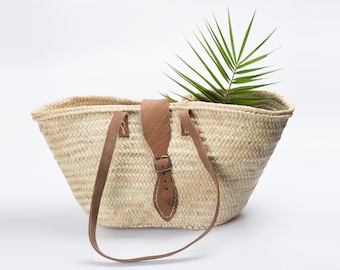 Shoulder Straw Bag with Leather Handles