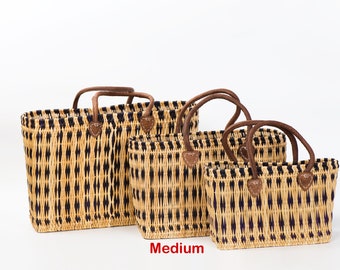 Medium size Natural Straw Reed Basket Bag with Leather Handles