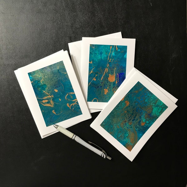 Teal and copper acrylic pouring note cards
