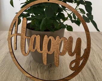 Happy - Türkranz/Türschild aus Holz // Nussbaumoptik