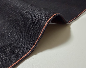 16 oz schwerer, doppelseitiger schwarzer Denimstoff mit orangefarbener Webkante, Meterware aus japanischer Baumwolle