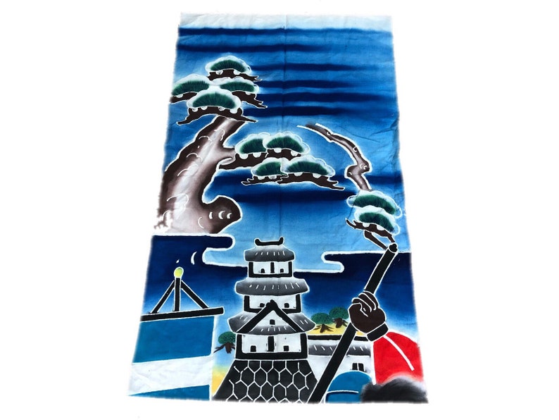 Tsutsugaki color flag castle and pine trees Japanese vintage