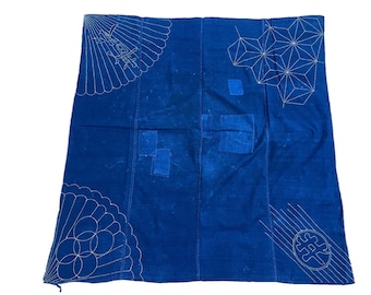 Indigo sashiko furoshiki with four different patterns. Boro fabric.