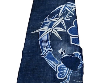 Japanischer Vintage-Tsutsugaki-Boro-Stoff (handgezeichnet), indigoblauer Baumwollstoff