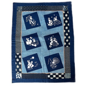 Japanischer Indigo-Patchwork-Wandteppich, Schablonenfärbung, Kasuri-Stoff