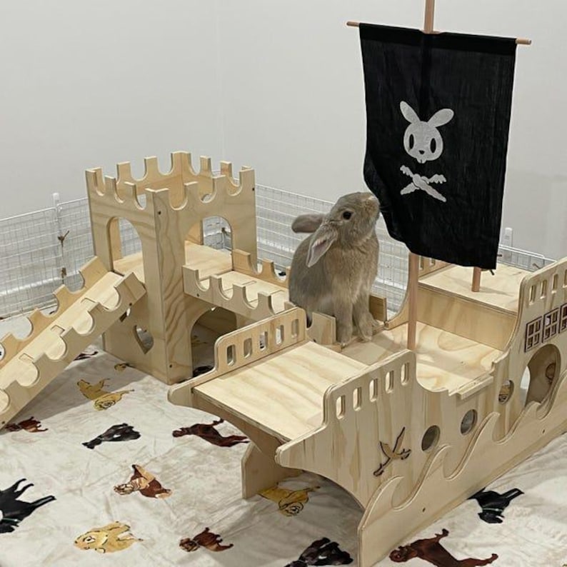 May include: A wooden rabbit playhouse with a pirate ship theme. The playhouse has a slide, a tower, and a bridge. A brown rabbit is sitting on the ship's deck. The ship has a black pirate flag with a skull and crossbones.