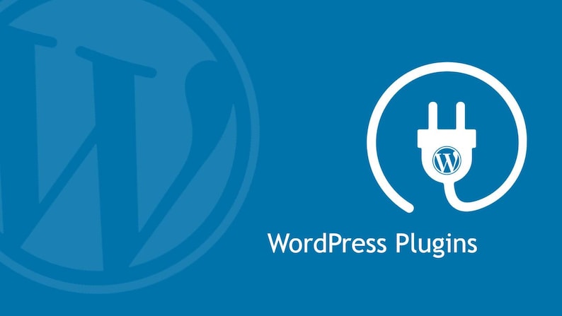 May include: A blue graphic featuring a white electrical plug icon with a WordPress logo inside, encircled by a white line. The text WordPress Plugins is displayed in white below the icon, with a large, faint WordPress logo in the background.