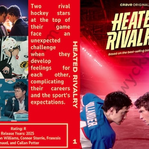 Puede incluir: La portada de "Heated Rivalry" muestra a dos jugadores de hockey enfrentados, con el título en amarillo. La imagen también incluye escenas de jugadores de hockey sobre hielo y actores en una conferencia de prensa.