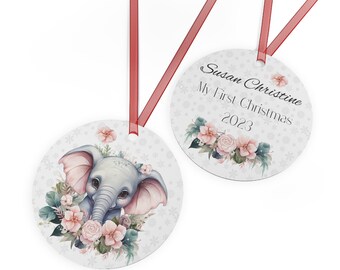 Personalized Baby's First Christmas Ornament: Floral Elephant