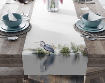 Blue Heron Table Runner: Cotton Twill Kitchen Linens, Nature Decor