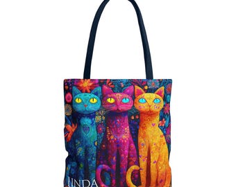 Colorful Cat Illustration Tote Bag, Personalized Eco Shopping