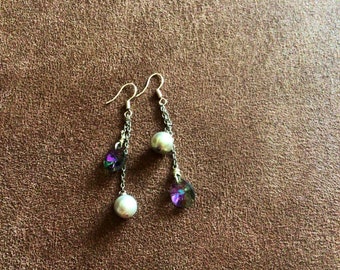 Long Dangle Earrings Pearl Earrings Swarovski Crystals Pearl Earrings Tahitian Pearl Earrings