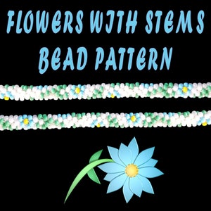 Peut inclure: Un modèle de perles pour réaliser des fleurs avec des tiges. Le motif montre deux rangées de perles blanches avec des accents bleus et verts, formant des fleurs. L'image comprend également une seule fleur bleue avec un centre jaune et une tige verte.