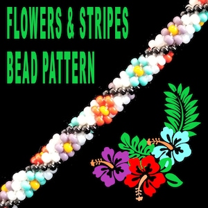 May include: A beaded bracelet featuring a pattern of flowers and stripes. The bracelet is crafted using small, colourful beads and is a great example of a beading project.