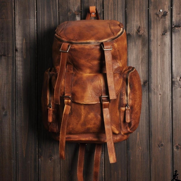 Distressed Leather Backpack, Mens Leather Backpack, Leather Rucksack, Travel Backpack, Oversized Backpack, Unisex Backpack, Weekend Holdall