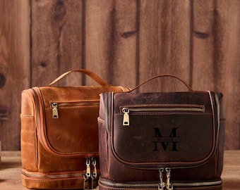 Personalized Leather Hanging Toiletry Bag, Shaving Kit Bag, Dopp Kit Bag, Groomsmen Gift,Best Man Valentines Day Gift, Father's Day Gift