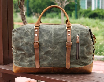 Personalized Waxed Canvas Duffel Bag Luggage Bag Canvas and Leather Travel Bag Weekend Travel Bag Holdall