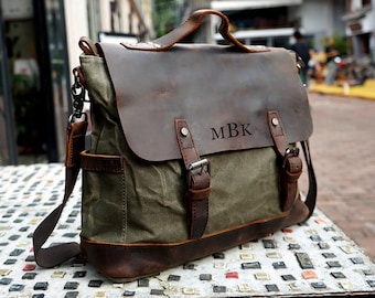 Bolso mensajero de lona encerado personalizado Hombres Satchel Maletín Vintage Bolso bandolera Lona Bolso de hombro Bolsa portátil Regalos únicos para padrinos