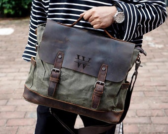 Classic Waxed Canvas Messenger Bag Mens Laptop Briefcase Cross Body Bag Courier Bag Canvas Leather Satchel Bag Christmas Gift ideas