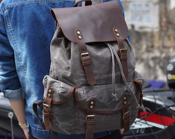 Unisex Travel Backpack Waxed Canvas Outdoor Backpack Laptop Backpack Hiking Backpack Weekender Backpack Camping Backpack Mens Gifts