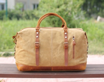 Handmade Waxed Canvas and Full Grain Leather Duffle Bag Personalized Large Weekend Bag Vacation Holidays Travel Bag Best Men Gift