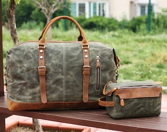 Personalized Mens Travel Bag Set Groomsmen Gift Canvas and Leather Duffel Bag Mens Toiletry Bag Best Man gift Weekender Bag Set