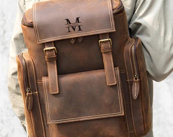 Mochila de couro personalizada, mochila de couro legítimo, mochila grande para viagens, bolsa de fim de semana, mochila escolar, mochila para laptop, presentes para homens