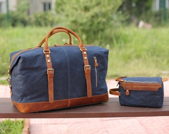 Personalized Men&#39;s Duffle and Dopp Kit Pair - Monogrammed Waxed Canvas Travel Luggage Bags- 2 Piece Luggage Set - Weekend Set