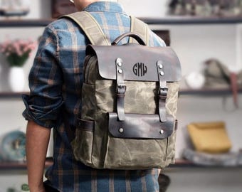 Personalized Waxed Canvas Backpack School Backpack 15.6'' Laptop Backpack Unisex Daily Backpack Weekender Backpack Christmas Gift