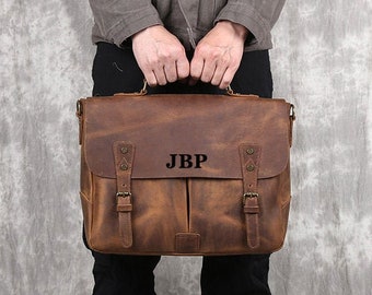 Personalisierte Leder Umhängetasche Herren Leder Aktentasche Vintage Leder Crossbody Bag Laptop-Tasche Schultasche Weihnachtsgeschenke für Männer
