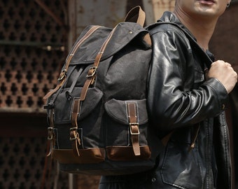 Waxed Canvas Backpack Large Travel Backpack Canvas School Rucksack Laptop Backpack Unisex Weekender Backpack Personalized Christmas Gifts