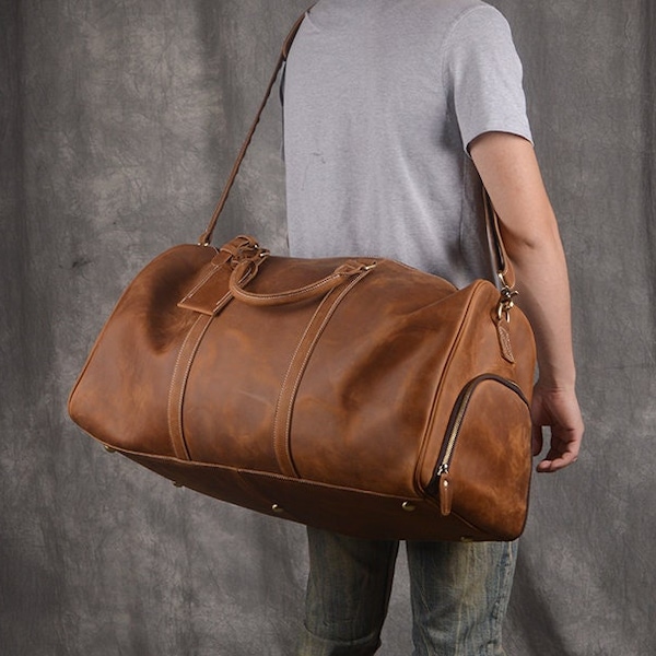 Full Grain Leather Duffle Bag, Large Travel Bag, Mens Leather Weekend Bag, Personalized Outdoor Bag, Holdall Bag, Groomsmen Gift Bag