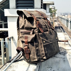 Handmade Waxed Canvas School Backpack Travel Backpack Casual Hiking Rucksack Laptop Backpack Unisex Canvas Backpack Canvas Leather Rucksack