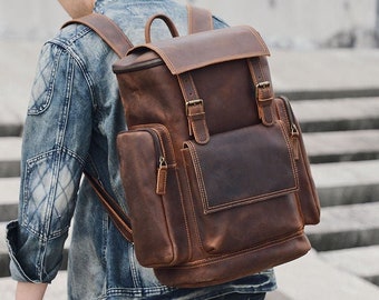Full Grain Leather Backpack Unisex School Backpack 15.6'' Laptop Backp –  LISABAG