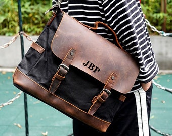 Monogrammed Waxed Canvas Messenger Bag Mens Canvas Leather Briefcase Crossbody Bag Courier Bag Satchel Bag Christmas Gifts