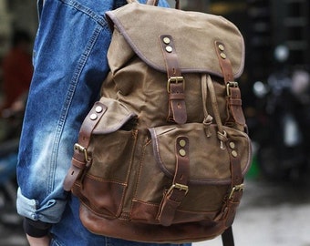 Large Travel Backpack Waxed Canvas Outdoor Backpack Laptop Backpack Hiking Backpack Weekender Backpack Camping Backpack School Backpack