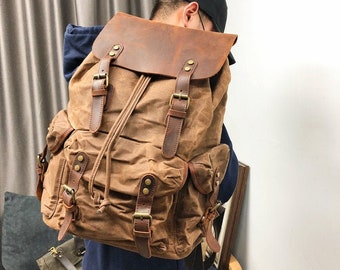 Unisex Travel Backpack Waxed Canvas Outdoor Backpack Laptop Backpack Hiking Backpack Weekender Backpack Camping Backpack School Backpack