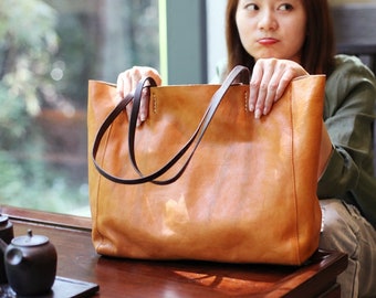 Personalized Leather Tote Bag Women Handmade Leather Shoulder Bag Custom Leather Purse Everyday Leather Handbag Daily Leather Shopper Bag