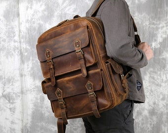 Mochila de couro personalizada para homem, mochila de couro, mochila de viagem, mochila para laptop de 15", presente para ele, presente de aniversário em couro