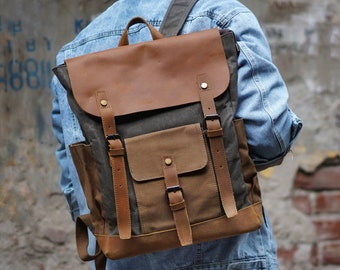 Handmade Waxed Canvas Leather Backpack Large Travel Backpack Hiking Rucksack Laptop Backpack Unisex Canvas Backpack Canvas School Rucksack