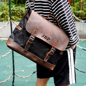 Monogrammed Waxed Canvas Messenger Bag Mens Canvas Leather