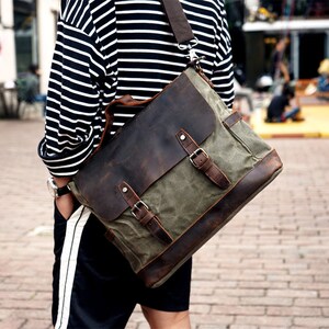 Classic Waxed Canvas Messenger Bag Mens Laptop Briefcase Cross - Etsy